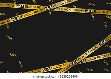 Red banner twists around Black Friday message. Crossed gold ribbon adds visual punch to sale. Fashion promo enhanced by glowing tape effect. Modern typography paired with dramatic ribbon design.
