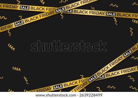 Red banner twists around Black Friday message. Crossed gold ribbon adds visual punch to sale. Fashion promo enhanced by glowing tape effect. Modern typography paired with dramatic ribbon design.