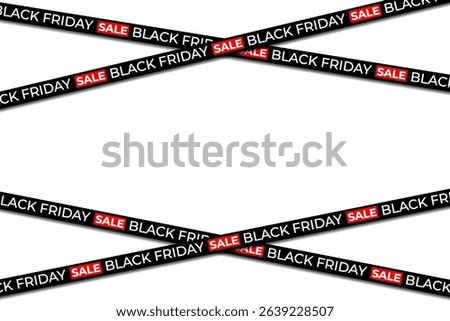 Red banner twists around Black Friday message. Crossed gold ribbon adds visual punch to sale. Fashion promo enhanced by glowing tape effect. Modern typography paired with dramatic ribbon design.