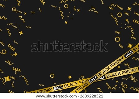 Red banner twists around Black Friday message. Crossed gold ribbon adds visual punch to sale. Fashion promo enhanced by glowing tape effect. Modern typography paired with dramatic ribbon design.