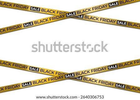 Red banner twists around Black Friday message. Crossed gold ribbon adds visual punch to sale. Fashion promo enhanced by glowing tape effect. Modern typography paired with dramatic ribbon design.
