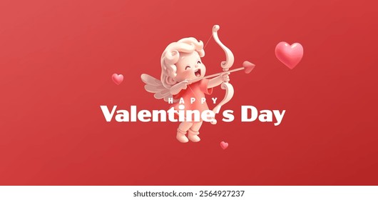 Red banner, Valentine's Day greetings. 3D cheerful cupid with bow and arrow, hearts. Realistic cupid, amour. For web design. Vector illustration.