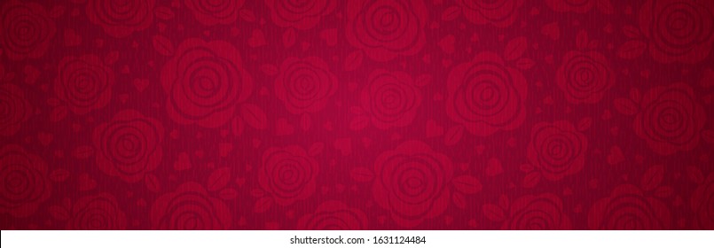 Red banner and valentines hearts   roses  Valentines greeting banner  Horizontal holiday background  headers  posters  cards  website  Vector illustration