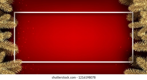 Red banner with white frame and fir branches. Template for Christmas and New Year festive design. Vector background.