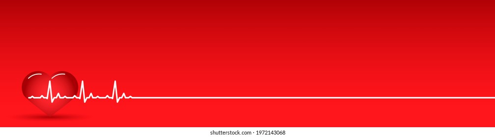 Red Banner with white line heartbeat and heart. Normal heart rate. Long Line cardiogram heart.  Wide banner with copy space for text.  Vector illustration in Flat style.