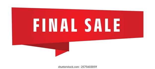 Red banner, white text, "FINAL SALE", geometric shape, origami-style folded ribbon, retail advertisement, bold typography, minimalist design, promotional signage, eye-catching, vibrant color.