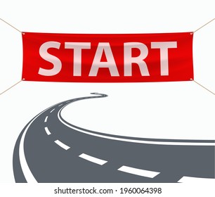 Red banner with the word start over the road. Vector illustration