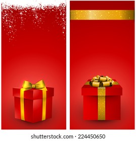 Red banners with 3d realistic gift box and golden bow. Vector illustration. 