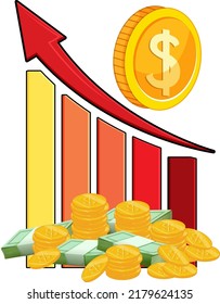 Red bar chart with pile of money illustration