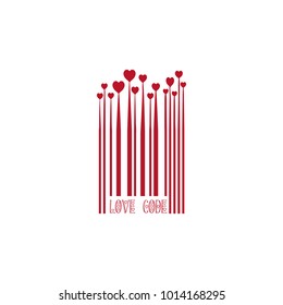 Red Bar Code with Heart Shapes for Valentines Day Love Design Monochrome Growing Hearts, Barcode Lines, Valentine Holiday Sign Isolated on White Background