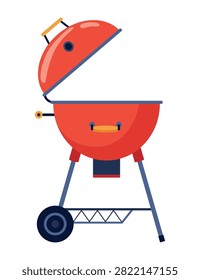 Red barbecue with accessories. Charcoal grill. Red barbecue grill with open lid and modern design features
