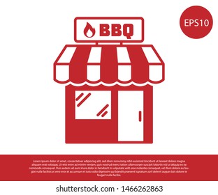 Red Barbecue shopping building or market store icon isolated on white background. BBQ grill party. Shop construction. Vector Illustration