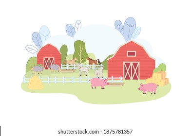 Red Barn with Animal Corral Vector Illustration. Pig Horse Sheep Goat behind Fence. Domestic Farm Animals Eating Hay, Graze Green Grass. Organic Farming. Dairy Milk Meat Product Business