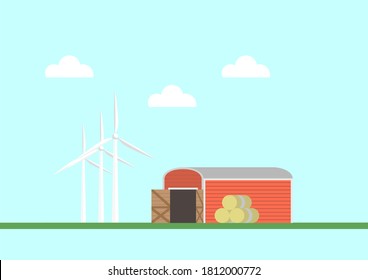 Red barn with bales of hay and wind generators nearby. Vector illustration in flat style.
