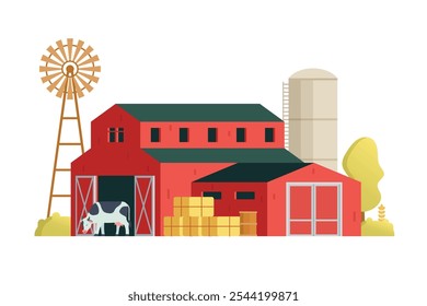 Red Barn building on white background vector illustration. Farm and agricultural asset. Farmhouse rural architecture.