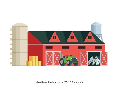 Red Barn building on white background vector illustration. Farm and agricultural asset. Farmhouse rural architecture.