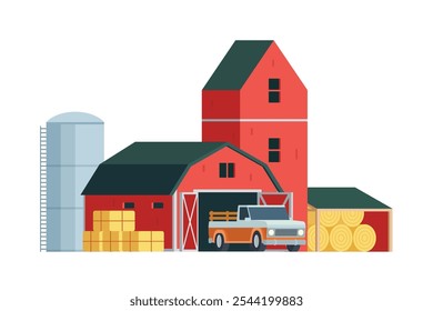 Red Barn building on white background vector illustration. Farm and agricultural asset. Farmhouse rural architecture.