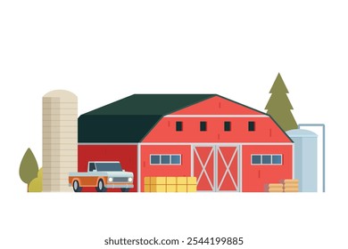 Red Barn building on white background vector illustration. Farm and agricultural asset. Farmhouse rural architecture.