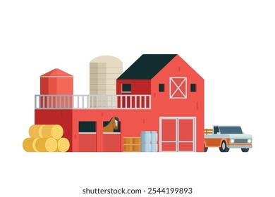 Red Barn building on white background vector illustration. Farm and agricultural asset. Farmhouse rural architecture.