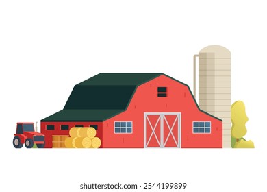 Red Barn building on white background vector illustration. Farm and agricultural asset. Farmhouse rural architecture.