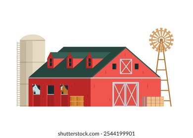 Red Barn building on white background vector illustration. Farm and agricultural asset. Farmhouse rural architecture.