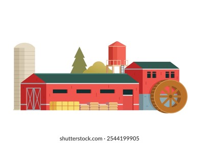 Red Barn building on white background vector illustration. Farm and agricultural asset. Farmhouse rural architecture.