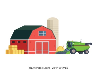 Red Barn building on white background vector illustration. Farm and agricultural asset. Farmhouse rural architecture.