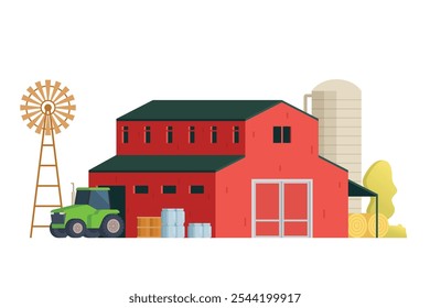 Red Barn building on white background vector illustration. Farm and agricultural asset. Farmhouse rural architecture.