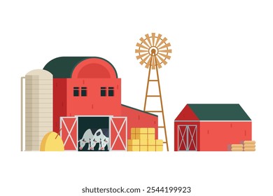 Red Barn building on white background vector illustration. Farm and agricultural asset. Farmhouse rural architecture.