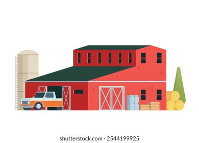 Red Barn building on white background vector illustration. Farm and agricultural asset. Farmhouse rural architecture.