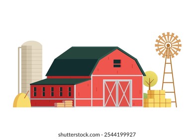 Red Barn building on white background vector illustration. Farm and agricultural asset. Farmhouse rural architecture.