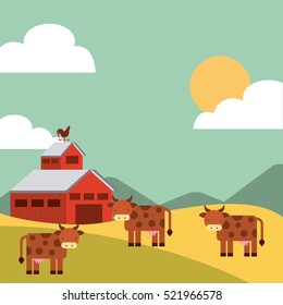 red barn and cows on farm landscape. colorful design. vector illustration