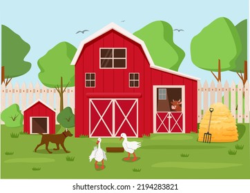 Red barn and farm animals, geese, cow.  Summer rural landscape, building, booth, dog, haystack. Vector illustration.