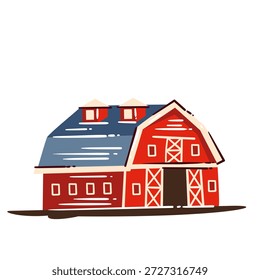 Red barn farm building with classic American rural architecture, wooden barn structure, countryside farmland symbol, traditional barn design, agricultural landscape detail, cartoon vector illustration