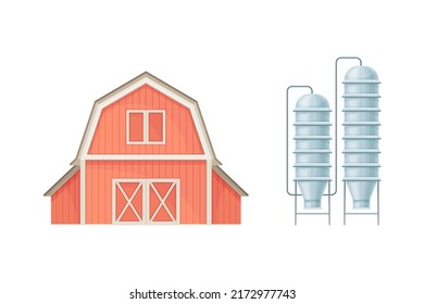 Red barn farm house and silo storehouse, agricultural buildings vector illustration