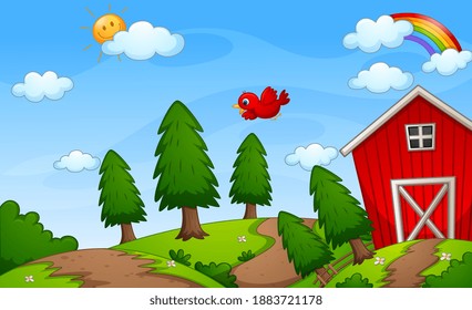 Red barn farm in nature scene with rainbow in the sky illustration