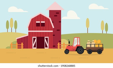 Red barn farm with a truck and colorful background vector illustration