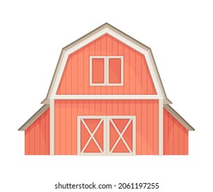 Red barn farmhouse agricultural building, front view flat vector illustration