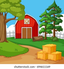 Red barn in the farmyard illustration