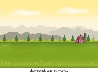 Red barn in field landscape background, paper art style illustration