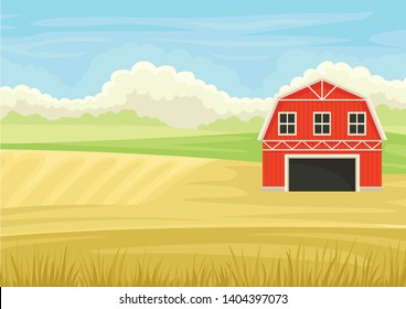 Red barn in the field. Vector illustration on white background.