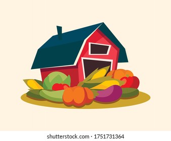 Granero rojo lleno de verduras. Ilustración de una rica cosecha