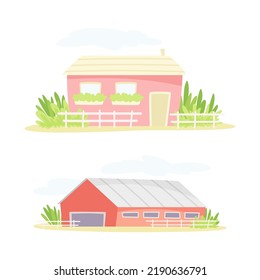 Red Barn Or Granary And Country House With Fence As Rural Area Building Vector Set