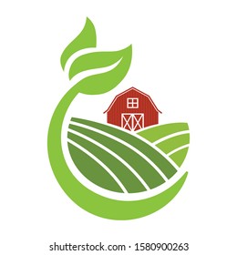 red barn and green field surrounded by sprout, vector