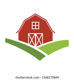 Red Barn And Green Fields, Vector Logo Icon 