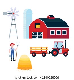 Red barn, harvesting tractor with semi-trailer and hay bale icon sign, haystack, hay sheaf and farmer with hayfork and bucket set isolated on white background flat design style vector illustration