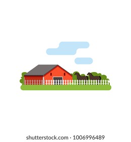 Red barn, horse in the corral on farm, rural landscape vector Illustration