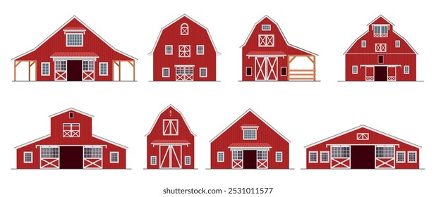 Red barn house farm agricultural wooden construction facade set isometric vector illustration. Ranch farmhouse rural agriculture architecture classic country barnyard building with window and gate