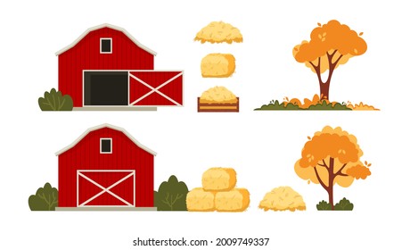 Red barn house Farm. Autumn hay harvest.