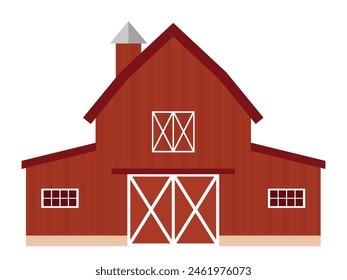 In: Red Barn House Illustration. Flache Vektorgrafik Grafik isoliert vom Bauernhaus auf weißem Hintergrund.